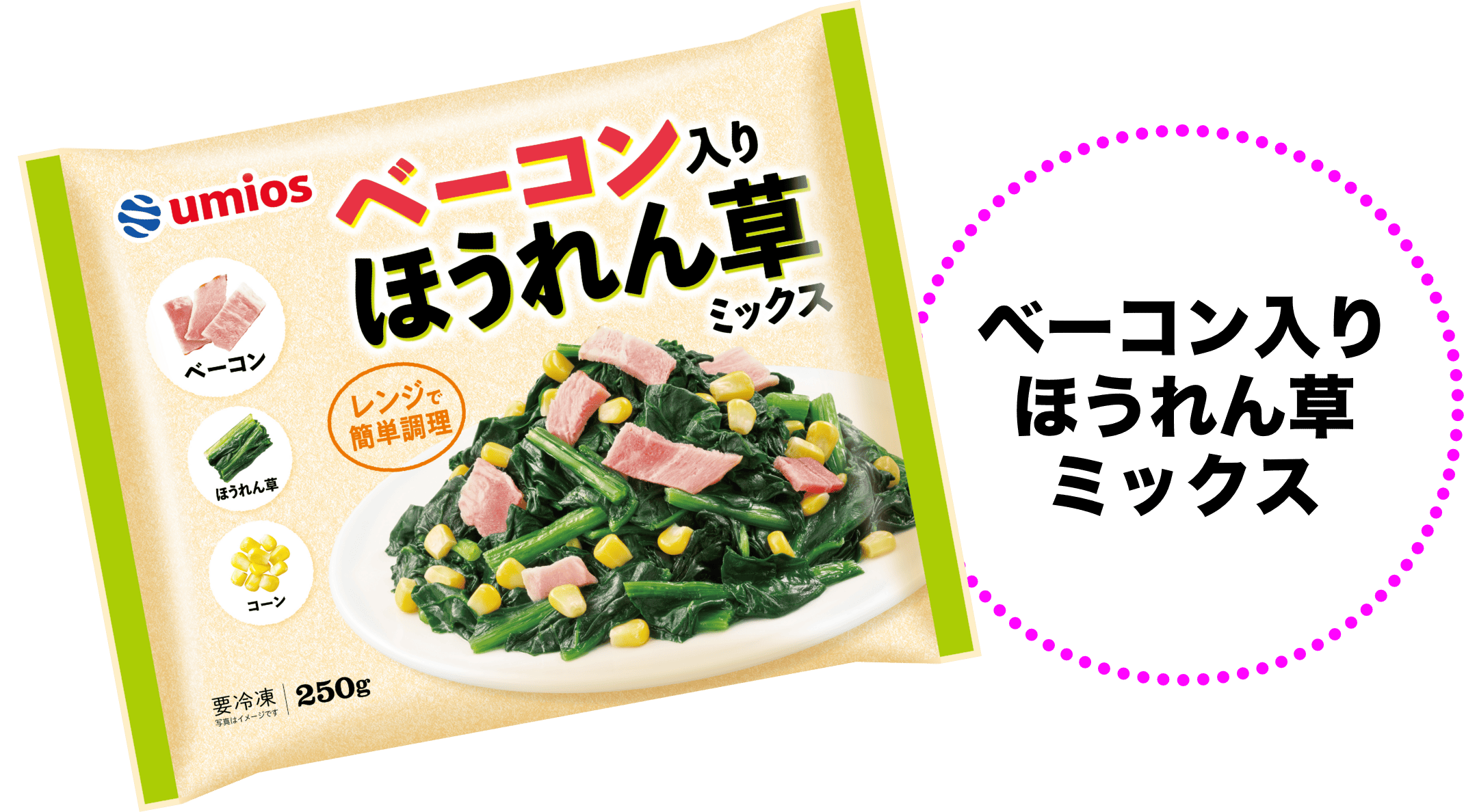 パッケージ写真:ベーコン入りほうれん草ミックス